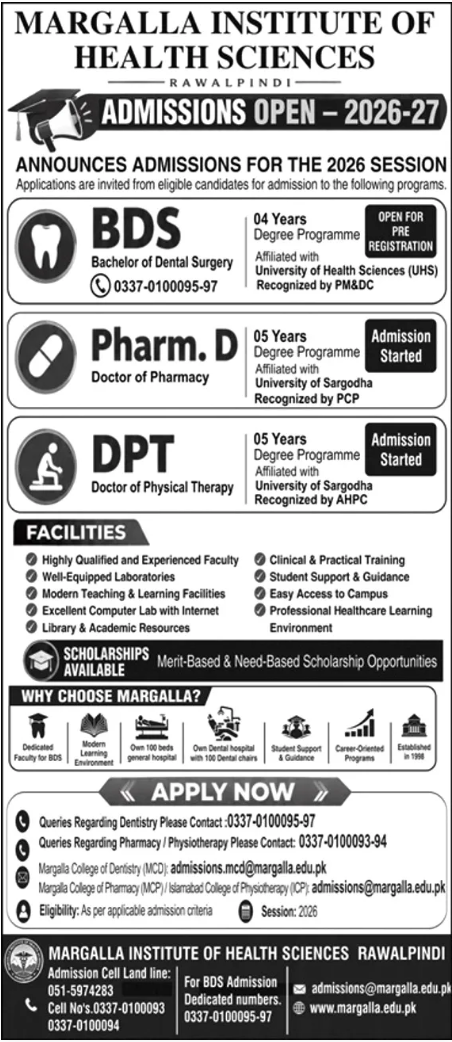 Admission notice for Margalla Institute of Health Sciences Rawalpindi